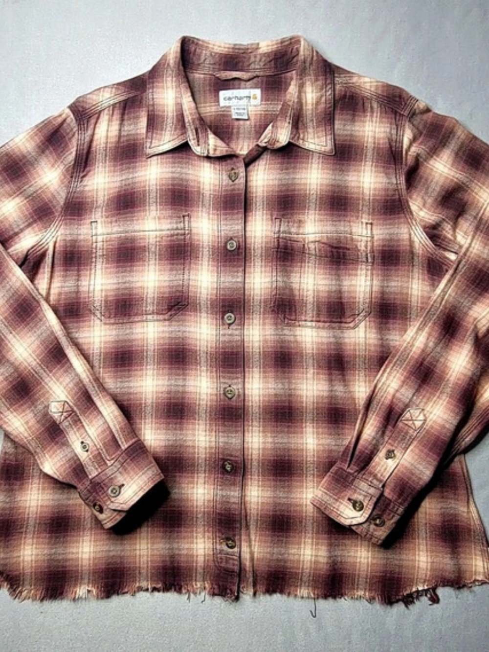Carhartt Girls Long Sleeve  Plaid Button Down Color Burgundy And Beige L 14-16